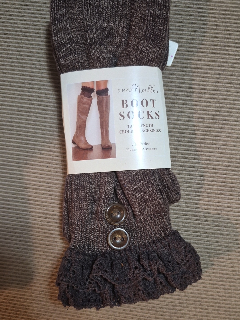 Simply Noelle Brown Lace Ruffle Boot Socks with Button Detail